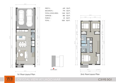 Floor plan for 3 beds, 2.5 baths, 1444 sqft
